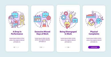 Workplace anxiety reasons onboarding mobile app screen. Mental disorder walkthrough 4 steps graphic instructions pages with linear concepts. UI, UX, GUI template. Myriad Pro-Bold, Regular fonts used vector