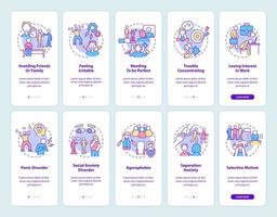 Anxiety disorder onboarding mobile app screen set. Mental illness walkthrough 5 steps graphic instructions pages with linear concepts. UI, UX, GUI template. Myriad Pro-Bold, Regular fonts used vector