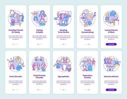 Anxiety disorder onboarding mobile app screen set. Mental illness walkthrough 5 steps graphic instructions pages with linear concepts. UI, UX, GUI template. Myriad Pro-Bold, Regular fonts used vector