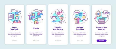 Overcoming fear of public speaking onboarding mobile app screen. Anxiety walkthrough 5 steps graphic instructions pages with linear concepts. UI, UX, GUI template. Myriad Pro-Bold, Regular fonts used vector