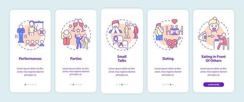 Common anxiety triggers onboarding mobile app screen. Mental disorder walkthrough 5 steps graphic instructions pages with linear concepts. UI, UX, GUI template. Myriad Pro-Bold, Regular fonts used vector