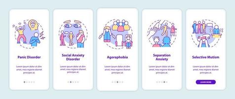 tipos de trastornos de ansiedad que incorporan la pantalla de la aplicación móvil. tutorial de enfermedad mental 5 pasos páginas de instrucciones gráficas con conceptos lineales. interfaz de usuario, ux, plantilla de interfaz gráfica de usuario. innumerables fuentes pro-negrita y regulares utilizadas vector