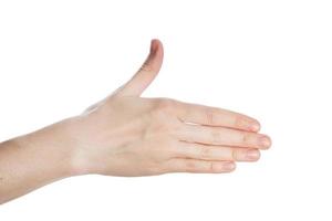 Woman hand show direction gesture, open hand isokated on a white background photo