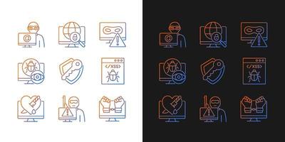 Cyber attacks types gradient icons set for dark and light mode. Network crash. Spyware, rootkit. Thin line contour symbols bundle. Isolated vector outline illustrations collection on black and white