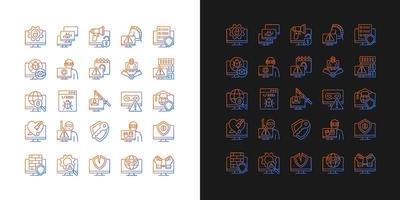 Hacker attack gradient icons set for dark and light mode. Computer system, network disruption. Thin line contour symbols bundle. Isolated vector outline illustrations collection on black and white