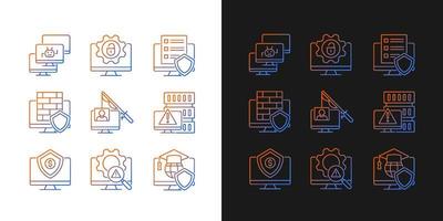 Cybercrime and its prevention gradient icons set for dark and light mode. Phishing and Dos attack. Thin line contour symbols bundle. Isolated vector outline illustrations collection on black and white