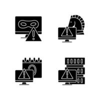 Computer system attacks black glyph icons set on white space. Trojan horse and rootkit malicious programs. Computer network disruption. Silhouette symbols. Vector isolated illustration