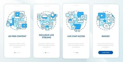 Paid subscription features blue onboarding mobile app screen. Walkthrough 4 steps graphic instructions pages with linear concepts. UI, UX, GUI template. Myriad Pro-Bold, Regular fonts used vector