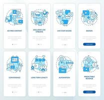 Subscription benefits blue onboarding mobile app screen set. Walkthrough 4 steps graphic instructions pages with linear concepts. UI, UX, GUI template. Myriad Pro-Bold, Regular fonts used vector