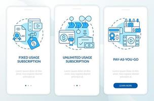 Types of subscription blue onboarding mobile app screen. Pay for content walkthrough 3 steps graphic instructions pages with linear concepts. UI, UX, GUI template. Myriad Pro-Bold, Regular fonts used vector