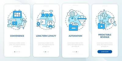 Benefits of subscription services blue onboarding mobile app screen. Walkthrough 4 steps graphic instructions pages with linear concepts. UI, UX, GUI template. Myriad Pro-Bold, Regular fonts used vector