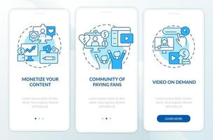 How to earn money from subscription blue onboarding mobile app screen. Walkthrough 3 steps graphic instructions pages with linear concepts. UI, UX, GUI template. Myriad Pro-Bold, Regular fonts used vector