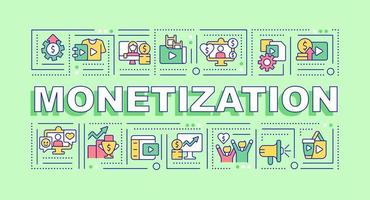 Content monetization word concepts green banner. Earn money from content. Infographics with linear icons on background. Isolated typography. Vector color illustration with text. Arial-Black font used