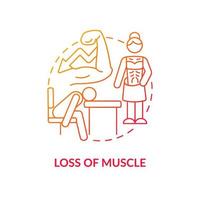 Loss of muscle red gradient concept icon. Musculoskeletal system degeneration. Body weakness abstract idea thin line illustration. Isolated outline drawing. Roboto-Medium, Myriad Pro-Bold fonts used vector