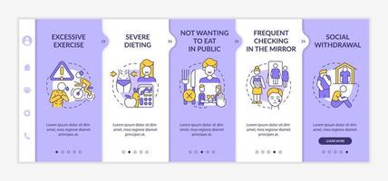 Anorexia emotional and behavioral symptoms purple and white onboarding template. Responsive mobile website with linear concept icons. Web page walkthrough 5 step screens. Lato-Bold, Regular fonts used vector