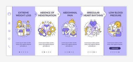 Anorexia symptoms purple and white onboarding template. Irregular heart rhythms. Responsive mobile website with linear concept icons. Web page walkthrough 5 step screens. Lato-Bold, Regular fonts used