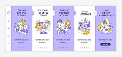 Bulimia symptoms purple and white onboarding template. Episodes of binge eating. Responsive mobile website with linear concept icons. Web page walkthrough 5 step screens. Lato-Bold, Regular fonts used vector