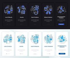 Anorexia complications night and day mode onboarding mobile app screen. Walkthrough 5 steps graphic instructions pages with linear concepts. UI, UX, GUI template. Myriad Pro-Bold, Regular fonts used vector