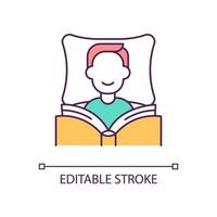 Man reading book in bed RGB color icon. Morning routine. Habit of full positive lifestyle. Isolated vector illustration. Simple filled line drawing. Editable stroke. Arial font used