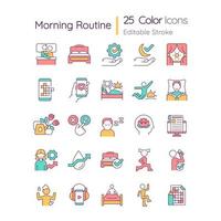 Morning routine RGB color icons set. Activities for positive day start. Isolated vector illustrations. Simple filled line drawings collection. Editable stroke. Quicksand-Light font used
