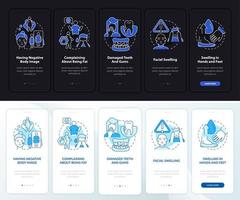 signos de bulimia modo día y noche incorporando la pantalla de la aplicación móvil. tutorial 5 pasos páginas de instrucciones gráficas con conceptos lineales. interfaz de usuario, ux, plantilla de interfaz gráfica de usuario. innumerables fuentes pro-negrita y regulares utilizadas vector