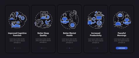Waking up early benefits night mode onboarding mobile app screen. Energy walkthrough 5 steps graphic instructions pages with linear concepts. UI, UX, GUI template. Myriad Pro-Bold, Regular fonts used vector