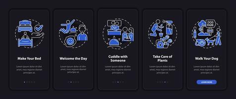 Everyday routine tips night mode onboarding mobile app screen. Start day walkthrough 5 steps graphic instructions pages with linear concepts. UI, UX, GUI template. Myriad Pro-Bold, Regular fonts used vector