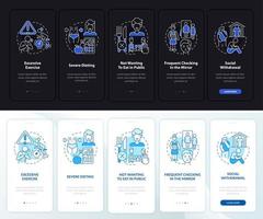 Anorexia mental symptoms night and day mode onboarding mobile app screen. Walkthrough 5 steps graphic instructions pages with linear concepts. UI, UX, GUI template. Myriad Pro-Bold, Regular fonts used vector