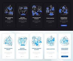 Bulimia symptoms night and day mode onboarding mobile app screen. Walkthrough 5 steps graphic instructions pages with linear concepts. UI, UX, GUI template. Myriad Pro-Bold, Regular fonts used vector