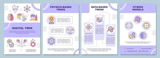 Digital twin types purple brochure template. Augmented reality. Booklet print design with linear icons. Vector layouts for presentation, annual reports, ads. Arial-Black, Myriad Pro-Regular fonts used