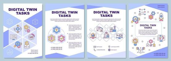 Digital twin tasks blue brochure template. Manufacturing. Booklet print design with linear icons. Vector layouts for presentation, annual reports, ads. Arial-Black, Myriad Pro-Regular fonts used