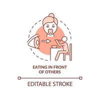 Eating in front of others terracotta concept icon. Anxiety trigger abstract idea thin line illustration. Isolated outline drawing. Editable stroke. Roboto-Medium, Myriad Pro-Bold fonts used vector