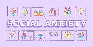 Social anxiety word concepts purple banner. Mental disorder. Infographics with linear icons on background. Isolated typography. Vector outline color illustration with text. Arial-Black font used