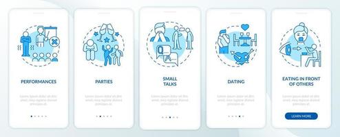 Common anxiety triggers blue onboarding mobile app screen. Disorder walkthrough 5 steps graphic instructions pages with linear concepts. UI, UX, GUI template. Myriad Pro-Bold, Regular fonts used vector