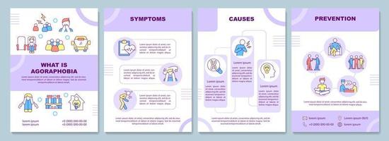 Agoraphobia disorder purple brochure template. Social anxiety. Booklet print design with linear icons. Vector layouts for presentation, annual reports, ads. Arial-Black, Myriad Pro-Regular fonts used