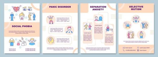 Anxiety types beige brochure template. Mental disorder. Booklet print design with linear icons. Vector layouts for presentation, annual reports, ads. Arial-Black, Myriad Pro-Regular fonts used