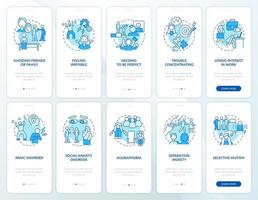 Conjunto de pantalla de aplicación móvil de incorporación azul de trastorno de ansiedad. tutorial de atención médica páginas de instrucciones gráficas de 5 pasos con conceptos lineales. interfaz de usuario, ux, plantilla de interfaz gráfica de usuario. innumerables fuentes pro-negrita y regulares utilizadas vector