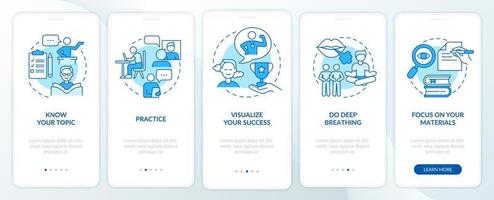 Public speaking fear overcoming blue onboarding mobile app screen. Health walkthrough 5 steps graphic instructions pages with linear concepts. UI, UX, GUI template. Myriad Pro-Bold, Regular fonts used vector