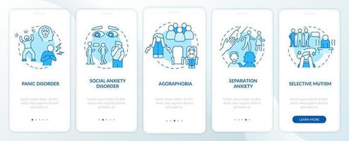Types of anxiety disorders blue onboarding mobile app screen. Illness walkthrough 5 steps graphic instructions pages with linear concepts. UI, UX, GUI template. Myriad Pro-Bold, Regular fonts used vector