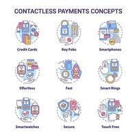 Contactless payments concept icons set. Smart service. Touchless system idea thin line color illustrations. Isolated outline drawings. Editable stroke. Roboto-Medium, Myriad Pro-Bold fonts used vector