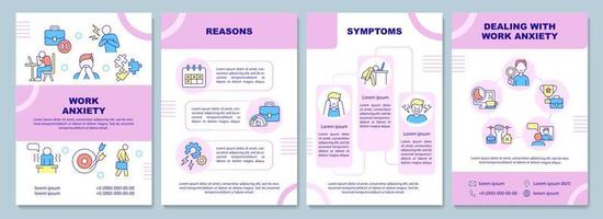 Work anxiety pink brochure template. Reasons and overcome. Booklet print design with linear icons. Vector layouts for presentation, annual reports, ads. Arial-Black, Myriad Pro-Regular fonts used