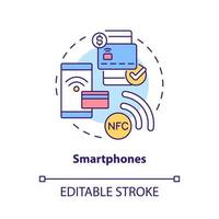 icono del concepto de teléfonos inteligentes. solución de pago nfc. sistema sin contacto idea abstracta ilustración de línea delgada. dibujo de contorno aislado. trazo editable. roboto-medium, innumerables fuentes pro-bold utilizadas vector