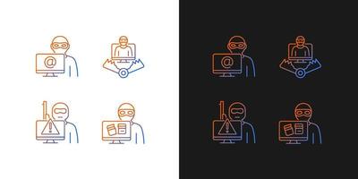 Cyber attacker gradient icons set for dark and light mode. Cyberterrorism. Cybercriminal trap. Thin line contour symbols bundle. Isolated vector outline illustrations collection on black and white