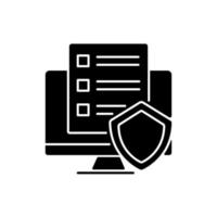 Cyber policy black glyph icon. Rules to protect users online. Cybersecurity regulations. Prevention of malware. Common restrictions. Silhouette symbol on white space. Vector isolated illustration