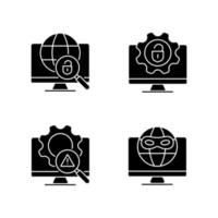 Illegal activities detection black glyph icons set on white space. Jailbreak and darknet. Cyber security. Malicious software. Hidden internet. Silhouette symbols. Vector isolated illustration