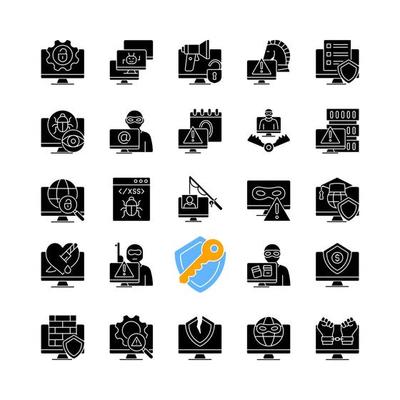 Hacker attack black glyph icons set on white space. Cybercrime. Computer system and network disruption. Cyberattack detection and prevention. Silhouette symbols. Vector isolated illustration
