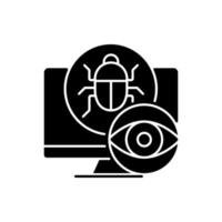 Spyware black glyph icon. Malicious software. Spying and monitoring malware. Stealing information. Private data tracking. Silhouette symbol on white space. Vector isolated illustration