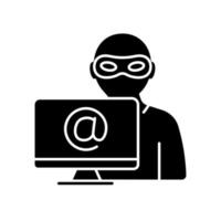 Alias black glyph icon. Stealing identity online. Malicious activity. Cybercrime. Aliased names. Information and data hacking. Silhouette symbol on white space. Vector isolated illustration