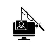 Phishing black glyph icon. Social engineering. Stealing personal data and information. Send fraudulent message. Fraud and scam. Silhouette symbol on white space. Vector isolated illustration