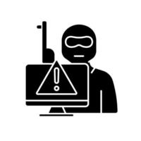 Cyberterrorism black glyph icon. Illegal cyber attack. Coercion and intimidation. Political and social aims. Blackmail method. Silhouette symbol on white space. Vector isolated illustration